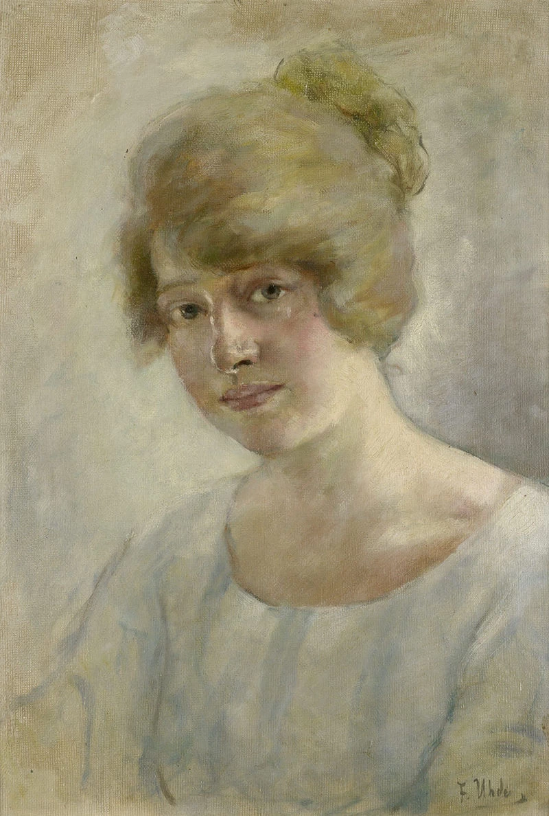 Ritratto di una giovane donna in un abito blu e bianco, 1895